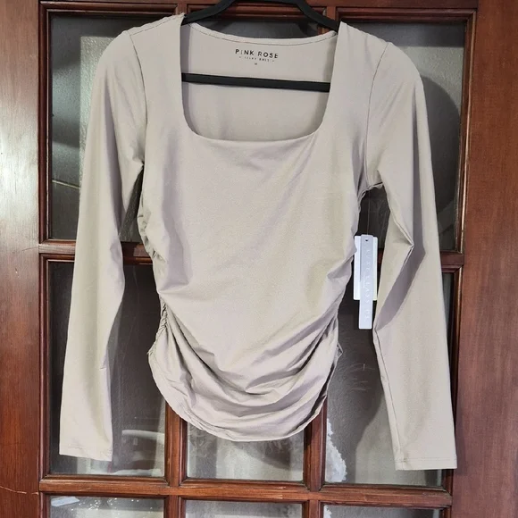 Pink Rose Long Sleeve Square Neck Ruched Top in Light Taupe - Picture 1 of 4